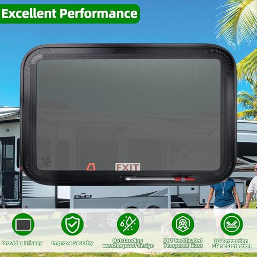 RV Exit Window Replacement, 36" W x 22" H Camper RV Emergency Window for Cargo Trailer Camper Van Truck with Net Screen&Trim Ring for 1" or 1-1/2" Wall Thickness,DOT Approved - size: 36"W x 22"H