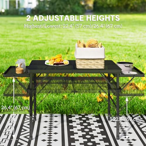 Outsunny Folding Grill Table, 4.5 ft Portable Camping Table with 2 Wing Panels, Height Adjustable Metal Outdoor Table with Mesh Desktop for Picnic, Beach, BBQ, Party, Black