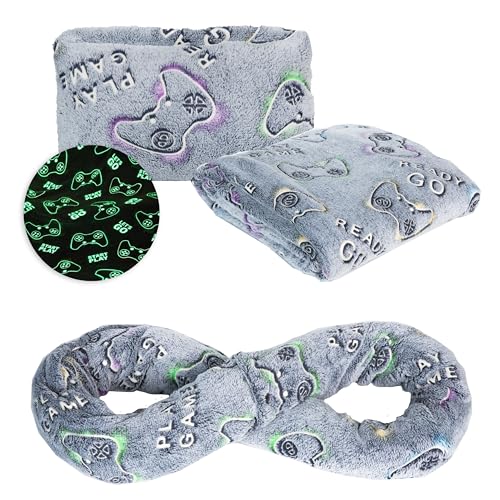 NAPRO Kids 3-in-1 Travel Blanket and Pillow Combo, Convertible Infinity Scarf, Lightweight Neck Support for Airplane, Car & Camping, Glow-in-the-Dark - Gamer - color: Gamer