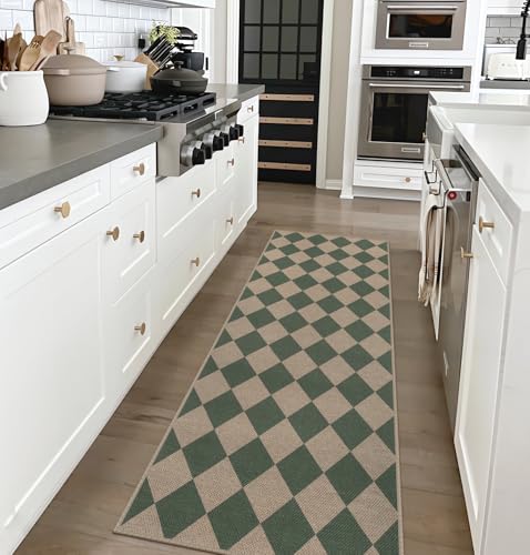 Rugalia Easy Jute Checkered Runner Rug, 2x6 Green Modern Washable Rugs Runner for Hallway Non-Slip Long Kitchen Rug, Geometric Diamond Indoor Outdoor Carpet for Porch Laundry Entryway - color: Green Checkered, size: 2' x 6' (Runner)