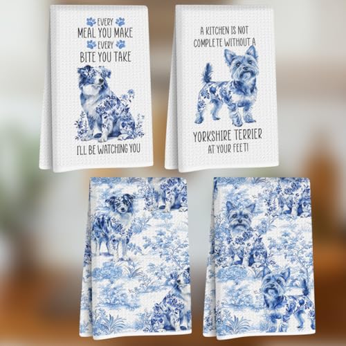 4 Pcs Dog Kitchen Towels Set 24x14 Inch, Flower Durable Reusable Microfiber Dish Towels, Waffle Chinoiserie Hand Tea Towel for Kitchen Farmhouse Home Decor, Dog Lover Gifts for Women Mom Friend - color: Lcs Multicolor 02530