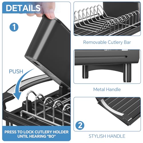 Simple Trending Small Dish Drying Rack, Compact Expandable Dish Rack with Cutlery Holder, Sink Dish Drainer for Kitchen Countertop, Black