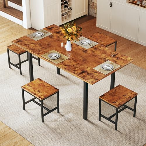 HUAHUU Dining Table Set for 4, Extendable Kitchen Table Chairs Set of 4, Rectangle Dining Table with Metal Frame & MDF Board, Folding for Small Apartment Saving Space, Rustic Brown - color: Rustic Brown