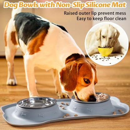 Hubulk Pet Dog Bowls 2 Stainless Steel Dog Bowl with No Spill Non-Skid Silicone Mat + Pet Food Scoop Water and Food Feeder Bowls for Feeding Small Medium Large Dogs Cats Puppies (Medium, Gray) - color: Gray, size: Medium