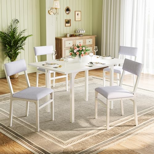 HUAHUU Dining Table Set for 4, Extendable Kitchen Table Cushion Chairs Set of 4, Rectangle Dining Table with Metal Frame & MDF Board, Folding for Small Apartment Saving Space, White - color: White