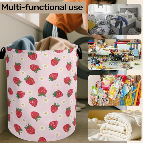 Cute Pink Strawberry Laundry Basket, Extra Large Foldable Hamper for Bathroom/Laundry/Bedroom/Dorm, Washable Fabric Storage Bin with Handle - color: Cute Pink Strawberry