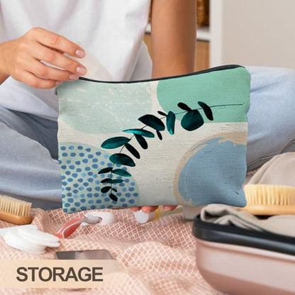 Abstract Boho Blue and Green Makeup Bag, Trendy Botanical Cosmetic Bags for Women, Boho Gifts for Women, Eucalyptus Leaf Botanical Zipper Makeup Pouch - color: Leaf - 1