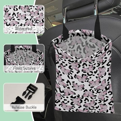 Butterfly Car Garbage Bag,Leopard Waterproof Small Car Trash Bag Hanging Back of Seat,Drawstring Hanging Car Trash Bag with Adjustable Buckle for Car Accessories - color: Butterfly