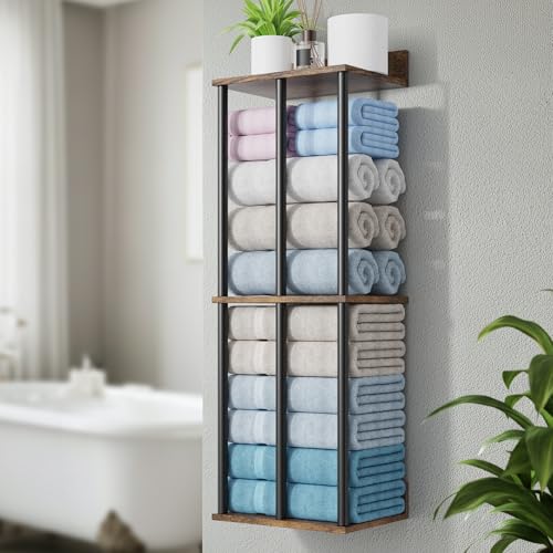 Towel Racks for Bathroom Wall Mounted, Upgraded Bathroom Towel Holder | Bath Storage Rack for Rolled Towel, Small Towels, Folded Towels, Rustic Organizer Rack with Shelf - color: Rustic Brown, size: 3-Tier