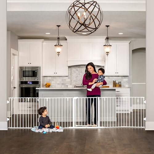 Regalo Safety 56"-130" Super Wide Baby Gate & Play Yard, 2-in-1 Adjustable Safety Gate for Doorways & Bottom of Stairs, Wall Mounted Room Divider, Includes Wall Mount Kit - color: White, style: 130"W x 28"H