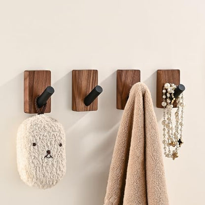4 Pack Wooden Wall Hooks for Hanging, Adhesive Mounted & Wall Mount Boho Decorative Walnut Wood Coat Hooks for Towel Clothes Blanket Hat Backpack Robe Nursery Door Board Entryway Key Holder - size: 3.1 inches