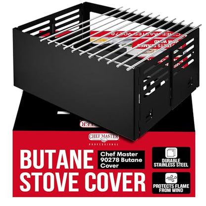 Chef Master Butane Stove Cover - Universal Fit for Any Standard Size - Premium Black Steel Collapsible Camp Wind Guard - Camping Windscreen & Grill Wind Blocker Panel - Outdoor Cooking Accessory 90278 - size: Black Steel