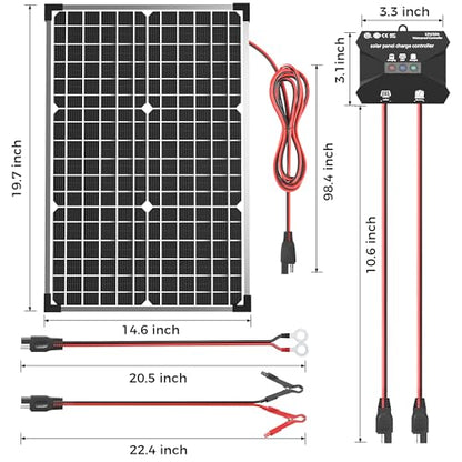 Voltset 30W Solar Panel Kit, 12v Solar Battery Trickle Charger Maintainer + 10A MPPT Charge Controller + Adjustable Mount Bracket,Waterproof Solar Panel Battery Charger for Car Boat Marine RV Roof - size: 30W