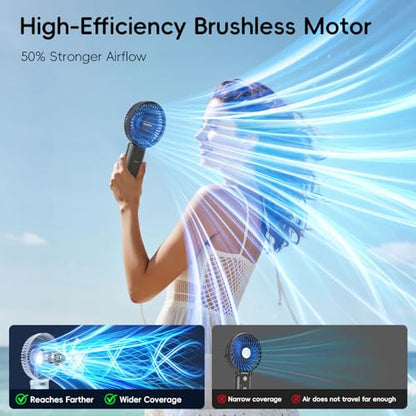HandFan Upgraded 10,000 mAh Quiet Handheld Fan - 4.5 Inch Large Hand Held Fans Reahargeable, 180° Foldable Portable Fan [30 Working Hours] with Lanyard, Base for Disney/Travel/Concerts/Beach/Office - color: Blue‑Blade Black‑10000mAh