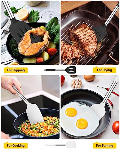 Pack of 2 Silicone Solid Turner, Non Stick Slotted Kitchen Spatulas, High Heat Resistant BPA Free Cooking Utensils, Ideal Cookware for Fish, Eggs, Pancakes(Black-White) - color: Black-White