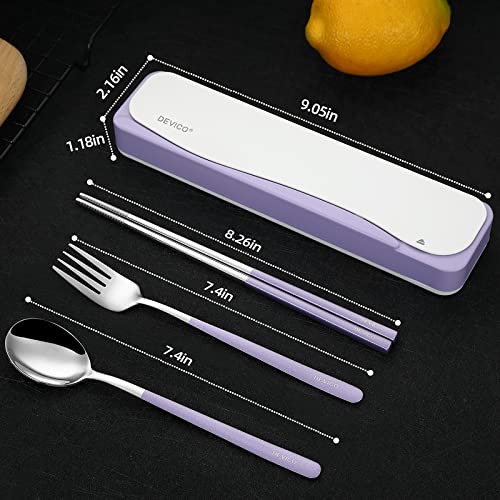 DEVICO Travel Utensils, Portable 18/8 Stainless Steel Silverware Flatware Set, Include Fork Spoon Chopsticks with Case (Purple) - color: Purple