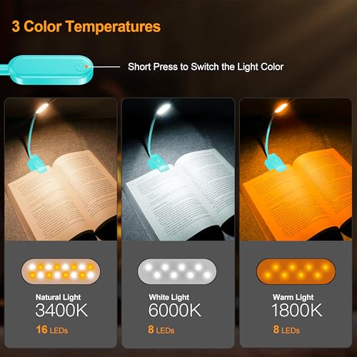 Gritin 16 LED Rechargeable Book Light for Reading in Bed- Eye Caring 3 Color Temperatures, Stepless Dimming Brightness, 80 Hrs Runtime, Lightweight Flexible Clip on Light for Book Lovers-Blue | Eye Caring 3 Color Temperatures, Stepless Dimming Brightness,