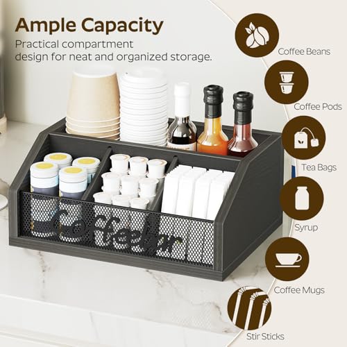 YATINEY Coffee Bar Organizer, Wooden Coffee Pod Organizer for Countertop, Versatile Pod Holder with Dividers, Holds Syrup, Cups, Tea Bags, Easy Assembly, Black KH11BB - color: Black