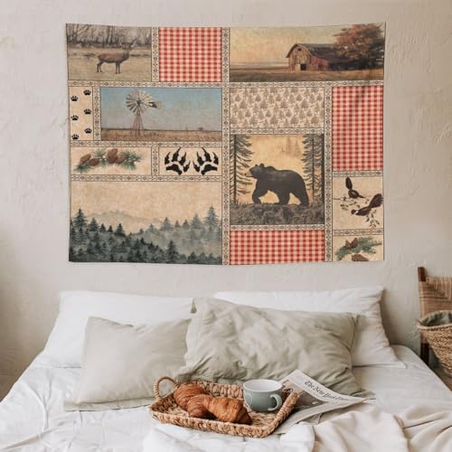 Fblifil Cabin Vintage Rustic Bear Wall Tapestry Farmhouse Moose Countryside Wildlife Lodge Forest Animals Deer Wall Tapestries Hanging for Bedroom Living Room Dorm Party Decor 30x40in - color: Bear-1, size: 40"Wx30"L