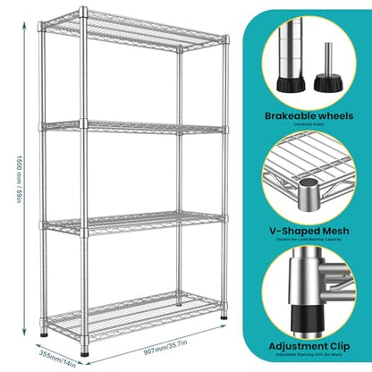 Heavy Duty Storage Rack Garage Shelving 4 Tier Metal Wire Shelving Unit Adjustable Wire Rack Storage Shelves 2200LBS Organizer Standing Metal Shelf for Warehouse Laundry Basement 14"Dx36"Wx59.05"H - size: 4-Tier-Silver[13.98"D x 36"W x 59.05"H]