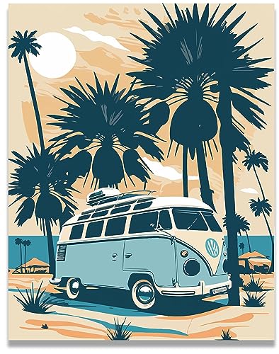 Inspirational Wall Art Co. - Blue Van | Retro Volkswagen Beach Surf Poster - Vintage Prints - Pictures for Beach House | 11x14 Inches Unframed - color: VW Beach