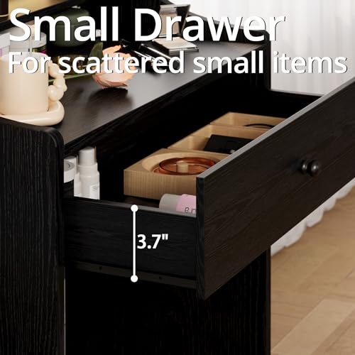 LIKIMIO Small Makeup Vanity Desk with Mirror and Lights, Vanity Table Set with Storage Drawer, Chair and Three Shelves, Bedroom, Black - color: Black