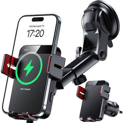 MOKPR Wireless Car Charger, 15W Auto Clamping Car Charger Dash Windshield Air Vent Phone Holder Compatible with iPhone 16 15 14/13/13 Pro/12 pro/12/11/X/8, Samsung S24/S23/S22, red - color: Red