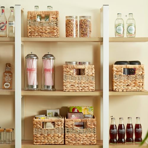 Bagnizer Water Hyacinth Wicker Basket, Decorative Woven Baskets with Built-in Handles, Hand-woven Storage Organizer for Organizing Pantry, Livingroom, Bedroom, Shelves, Toilet(2-PACK, Blended)