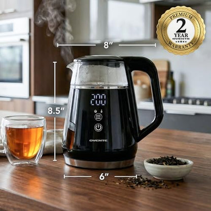 OVENTE 1L Small Electric Kettle with 5 Temperature Preset, Digital Display, 5Hr Keep Warm, Auto Shut-Off, Double-Wall Cool Touch Exterior, Borosilicate Glass,1500W BPA Free Water Boiler, Black KD95B - color: Black