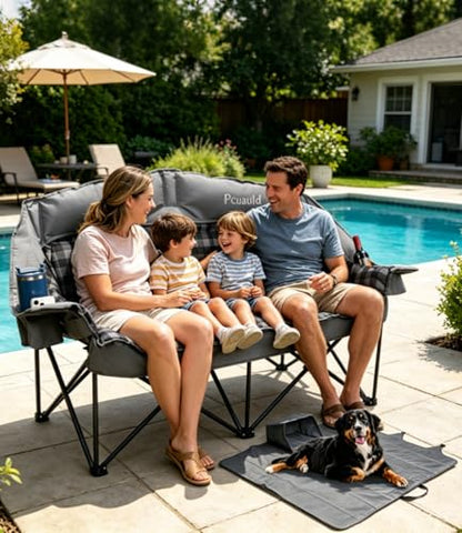 Double Camping Chair Padded Loveseat Camping Couch, Oversized 2 Person Camp Chairs with 2 in 1 Carry Bag, Heavy Duty Folding Lawn Chair Sofa with Cup Holders for Adults Patio Backyard Beach, Gray - color: Gray