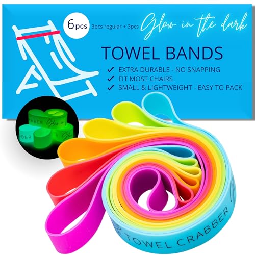 Towel Crabber Towel Bands (6-Pack), Beach Pool & Cruise Chairs, Extra Durable, Cruise Ship & Beach Essentials, Alternative to Beach Towel Clips (3 Regular + 3 Glow in The Dark) - color: Pink, Orange, Yellow, Green, Blue, Purple