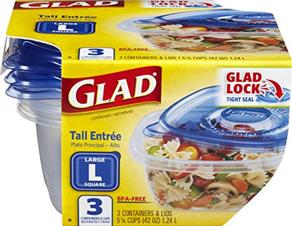 Glad GladWare Tall Entree Food Storage Containers with Lids, Large Square BPA Free Plastic for Meal Prep and Lunches, Lock Tight Seal, Microwave and Dishwasher Safe, 42 Oz, 3 Count - 6 Pack - size: 3 Count (Pack of 6), style: Square