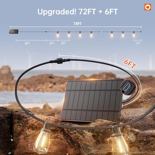 addlon 78FT(72+6) Solar String Lights Outdoor, Waterproof Solar Powered Outside Lights with Remote & USB Port, ST38 LED Shatterproof Bulbs, Dimmable Solar Light for Camping Backyard Porch - size: 72FT