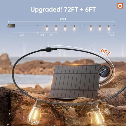 addlon 78FT(72+6) Solar String Lights Outdoor, Waterproof Solar Powered Outside Lights with Remote & USB Port, ST38 LED Shatterproof Bulbs, Dimmable Solar Light for Camping Backyard Porch - size: 72FT