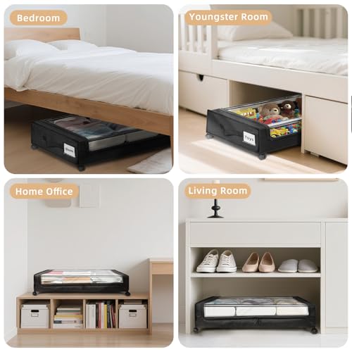Under Bed Storage with Wheels 2-Pack，Under Bed Storage Containers XXL，Underbed Shoes Storage with Clear Lid,Rolling UnderBed Metal Drawer for Clothes Blankets Easy Pull-out Black