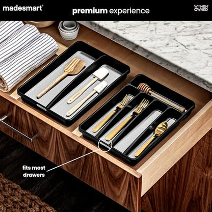 madesmart Classic Compact Silverware Tray with Soft Grip Lining, Carbon | Nonslip feet, 5 compartments, small drawer fit, forks, knives, spoons, cutlery, flatware - color: Carbon