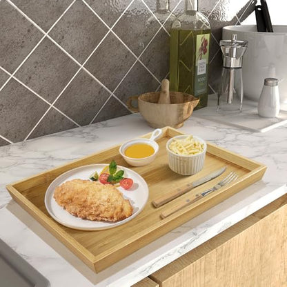 BFTOU 2pcs Rectangular Bamboo Serving Tray for Eating Drinks Storage Snacks TV Breakfast Coffee Parties Bathroom(13.8"x 10.2"x 0.8")