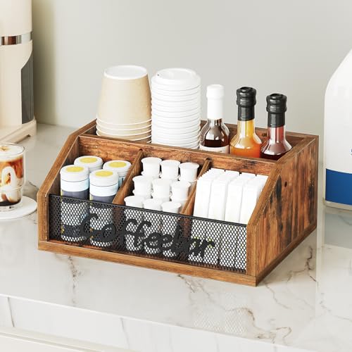 YATINEY Coffee Pod Organizer, Wooden Coffee Bar Organizer for Countertop, Versatile Pod Holder with Dividers, Holds Syrup, Cups, Tea Bags, Easy Assembly, Rustic Brown KH11BR - color: Rustic Brown + Black