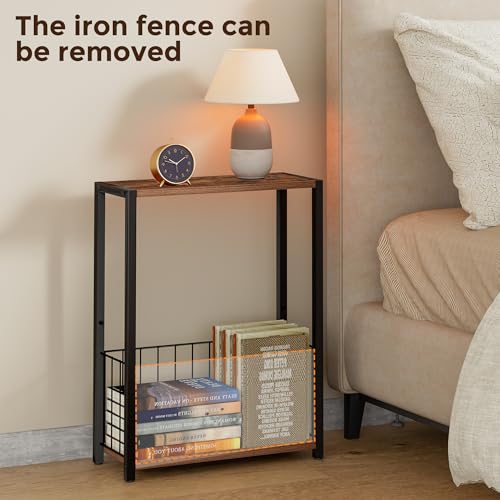 Homleke Narrow Side Tables Set of 2 with Magazine Holder, Skinny End Tables Perfect for Small Spaces, Space-Saving Design for Living Room, Bedroom, or Office, 7.1" D x 16.9" W x 23.6" H, Rustic Brown - color: Rustic Brown - Standard