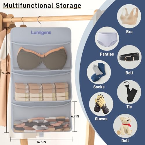 Lumigens Hanging Sock & Underwear Organizer, Hanging Closet Organizer with Pockets, Bra Hanger for Closet Organizer with 360° Rotating Hook, Space Saving Hanging Storage for Wall, Bedroom, RV