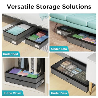 【4 compartments】2 Pack Under Bed Storage, Double Layer Extensible Underbed Storage Containers,Dust-free Clothes Storage Bins with Sturdy Sidewalls/Bottom,PVC Clear Window for Shoes Storage Organizer