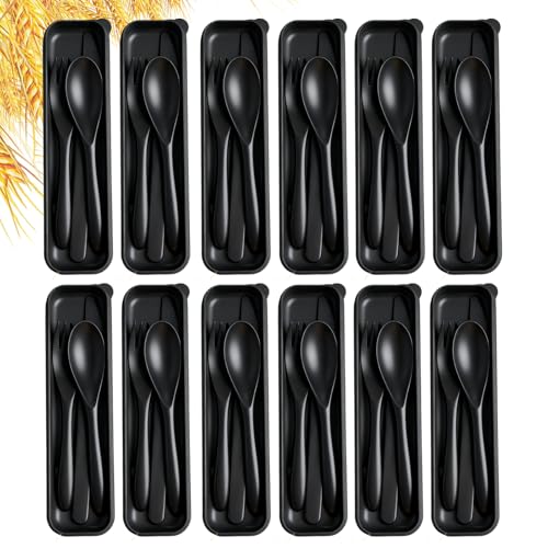Travel Utensils with Case, 12 Sets Camping Utensil Sets, Wheat Straw Portable Knife Fork Spoons Tableware, Reusable Utensils for Lunch Box (Black) - color: Black-12Pack
