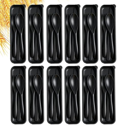 Travel Utensils with Case, 12 Sets Camping Utensil Sets, Wheat Straw Portable Knife Fork Spoons Tableware, Reusable Utensils for Lunch Box (Black) - color: Black-12Pack