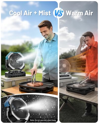 Misting Fan, Portable Camping Fans with 9oz Water Tank, 24000mAh Rechargeable Fan with 4 Speed, Battery Powered Fans with 120H Cooling, Last 5H Mist, 2 Mist Modes, Light, Outsides/Summer Essential - color: Black