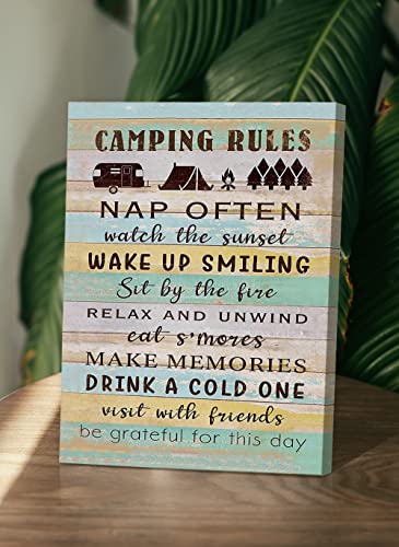 Camping Rules Wood Grain Pattern Wall Art Prints Artwork Decor for Camper Themed Canvas Wall Art Prints, RV Outdoor Living Room Home Decorations,11"x14"