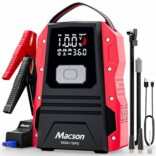 5000A Jump Starter with Air Compressor - Portable 12V Jump Box Battery Pack for 9.0L Gas/8.0L Diesel Engines, Car Jumper Starter Portable with 150PSI Tire Inflator, LED Screen, Fold-Up LED Flashlight