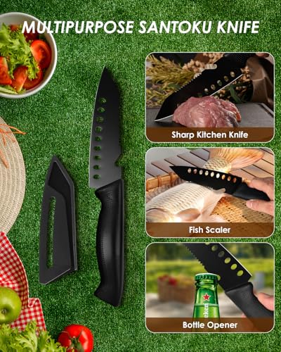 Mitsuharu 5 in 1 Camping Cutting Board Set with Santoku Knife,Separable Shears,Peeler & Slicing Knife and Sharpening Slots,Portable Camper Accessories Kitchen Set, Black