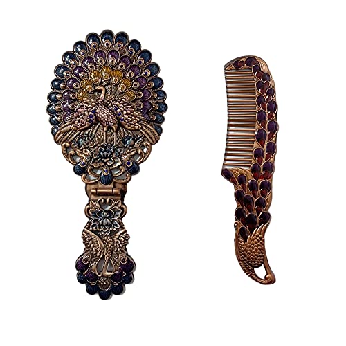 Rayberro Vintage Handheld Mirror with Comb Set, Metal Embossed Peacock Vintage Hand Mirror, Face Beauty Makeup Mirror, Foldable Personal Cosmetic Mirror, Portable Compact Travel Mirror (Red) - color: Purple Peacock