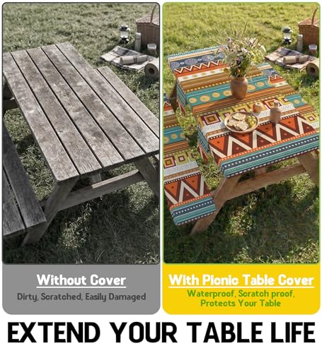 Fitted Picnic Table Cover with Bench Covers Fitted Rectangle Table Cloth Tablecloth Camping Gear Essentials Rv Accessories Road Trip Supplies Car Travel Must Have 6 Ft Foot Feet 72in Bohemian Boho - color: Yellow Boho, size: 72in