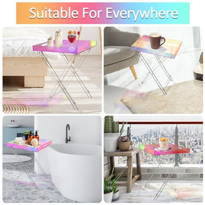 Acrylic Folding Tray Table, Rainbow Color Acrylic Coffee Table, Iridescent Side Table Modern Accent Square End Table for Coffee, Drink, Food, Snack for Living Room & Bedroom